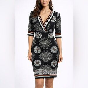 Max Edition Black Floral V-Neck Dress Small S Sundress Stretch 3/4 sleeves